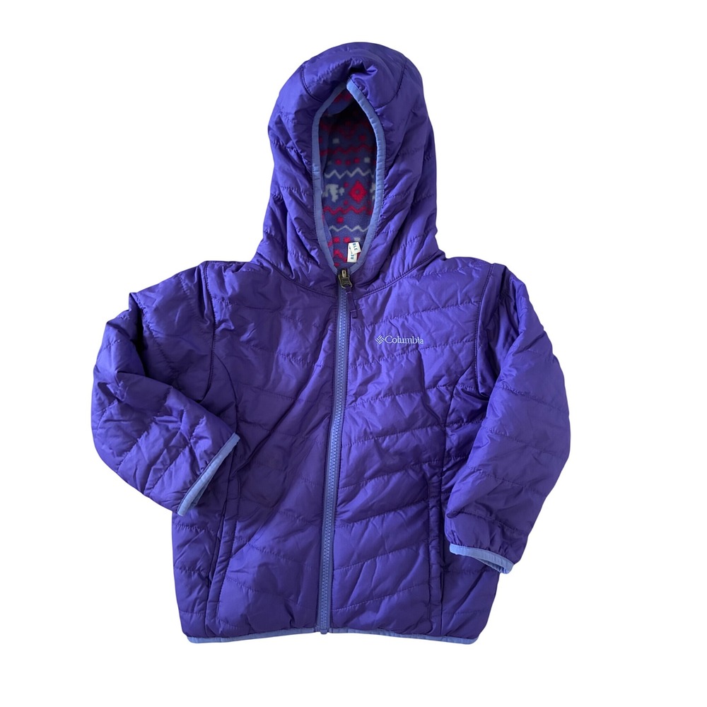 Columbia Toddler Girls Purple Reversible Quilted Puffer Jacket Fleece Fair Isle